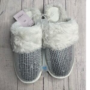 Auden Sequin Slippers, Womens Size L (9/10) Faux Fur Silver Glitter NEW